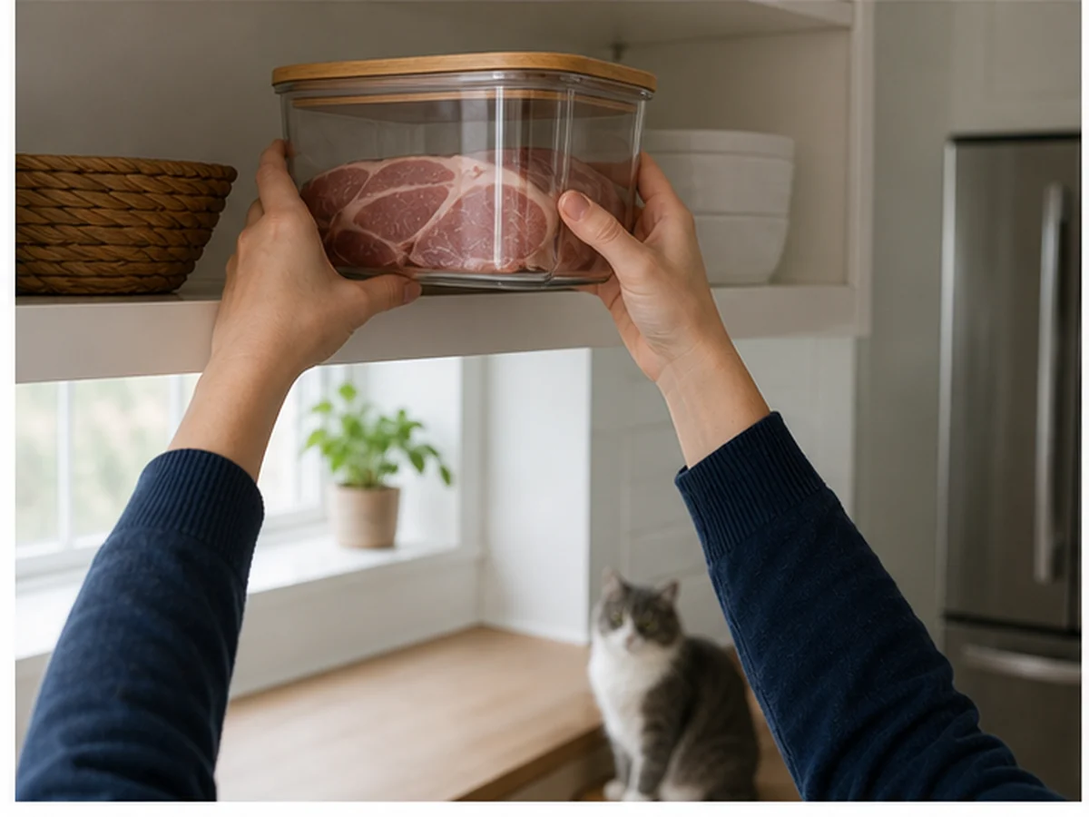 Hands securing raw pork on a high shelf with cats distant