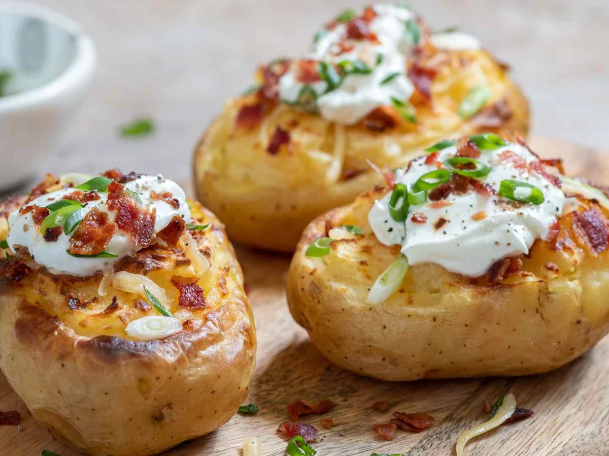 Loaded baked potato skins topped with cheese, bacon, sour cream, and green onion