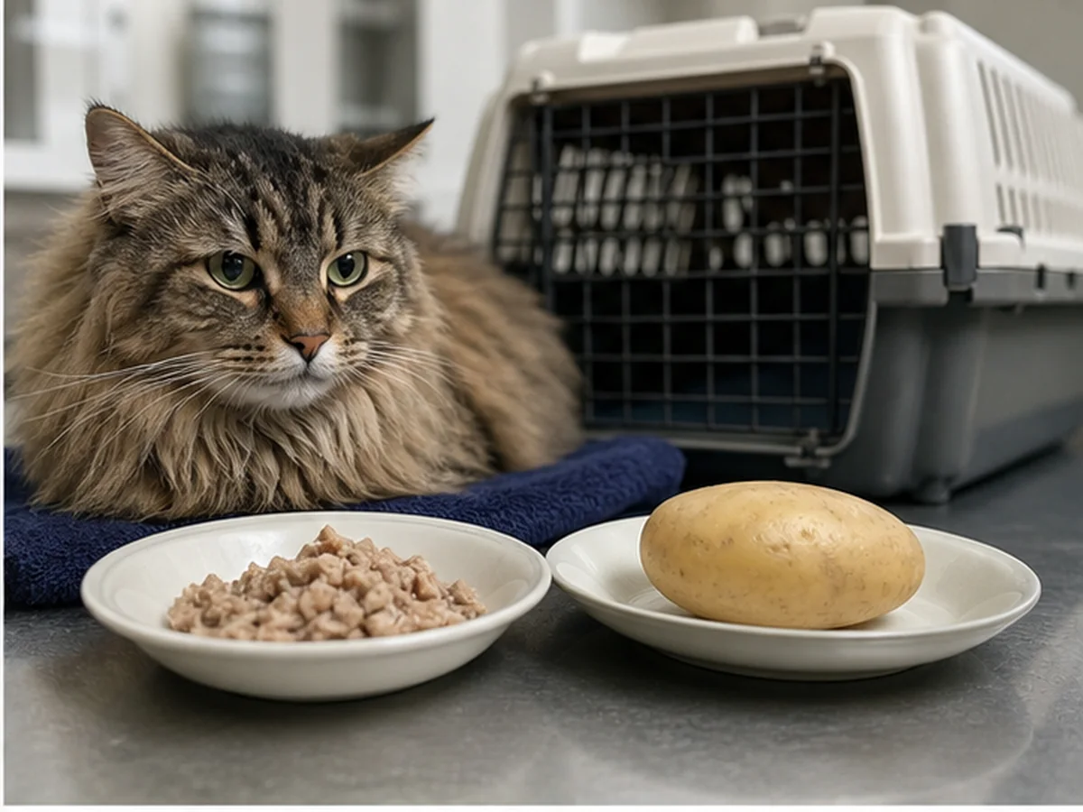 Cat safely separated from potatoes in a household scene about why potato is not a bland-diet prescription