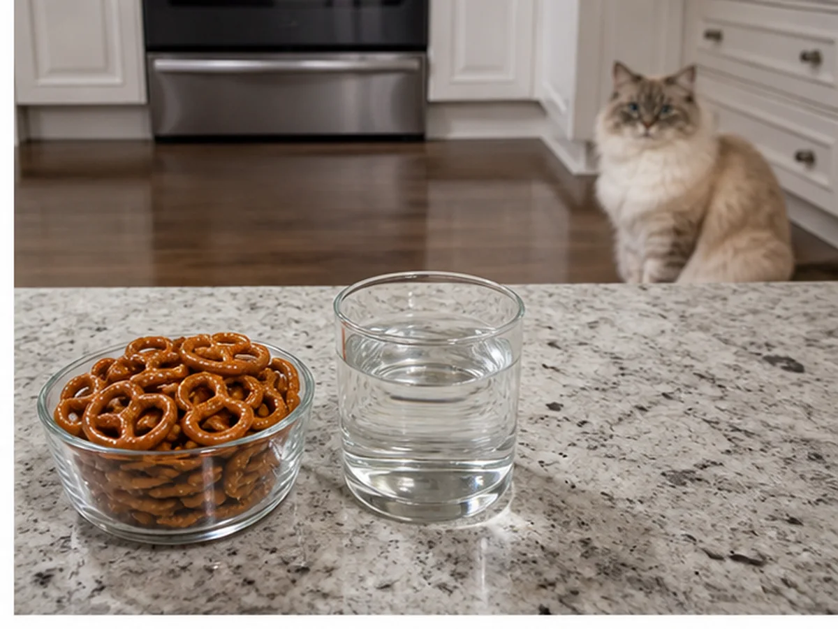 Cat safely separated from pretzels in a household scene about sodium math