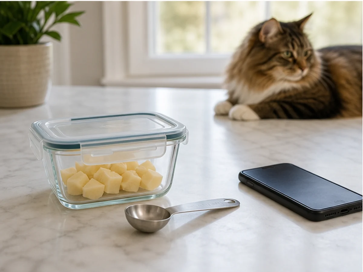 Sealed provolone pieces, spoon, and phone with a cat resting away