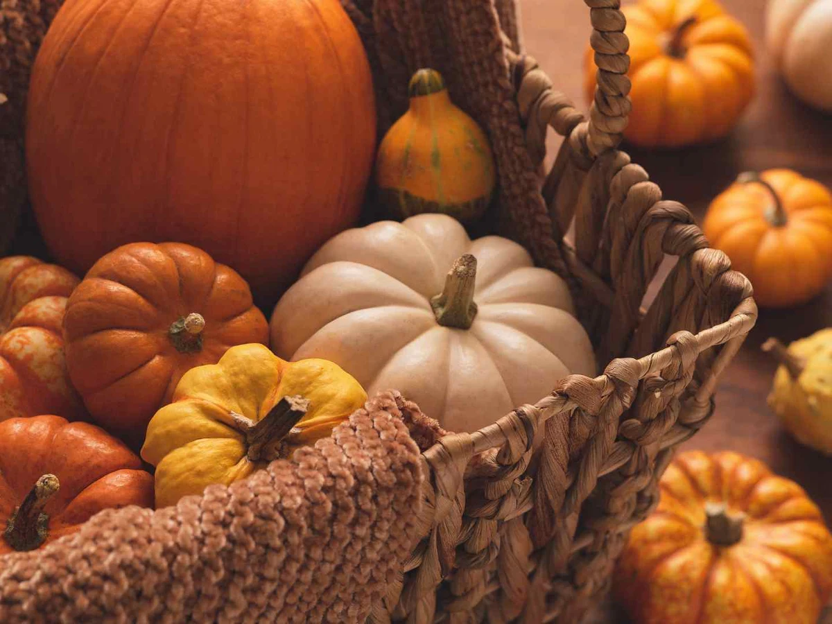 Orange and white pumpkins arranged in a woven basket with autumn decorations.