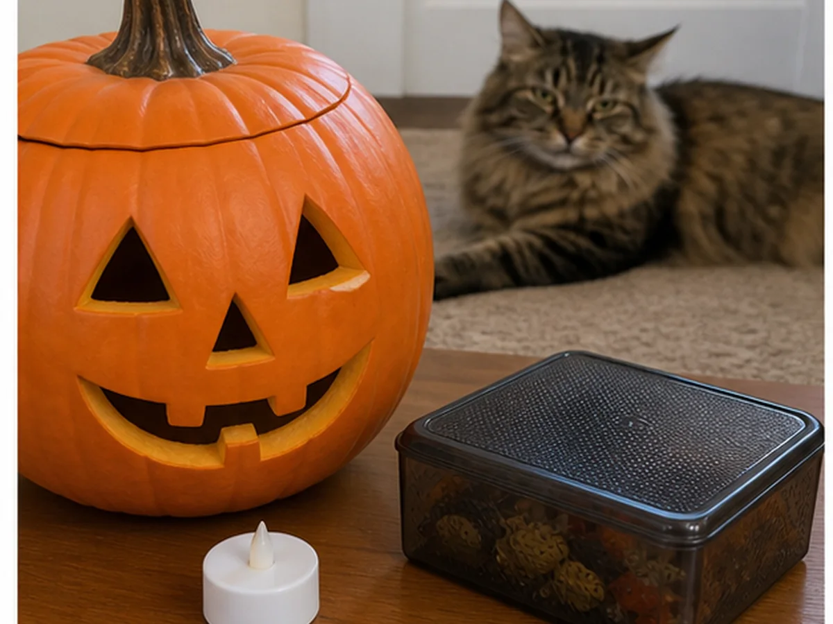 Cat safely separated from pumpkin in a household scene about a calmer halloween setup