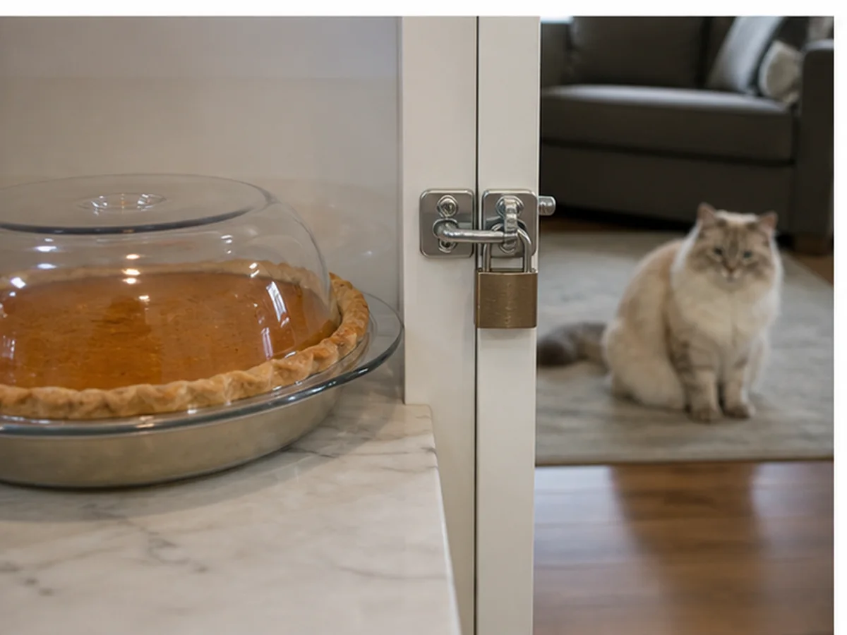 Cat safely separated from pumpkin pie in a household scene about prevention and safer celebration
