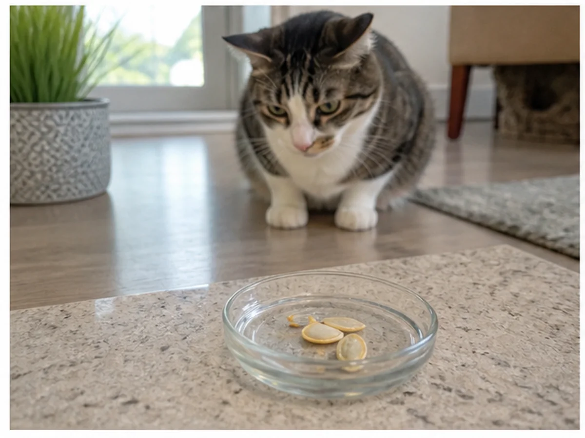 Cat safely separated from pumpkin seeds in a household scene about monitoring one kernel crumb