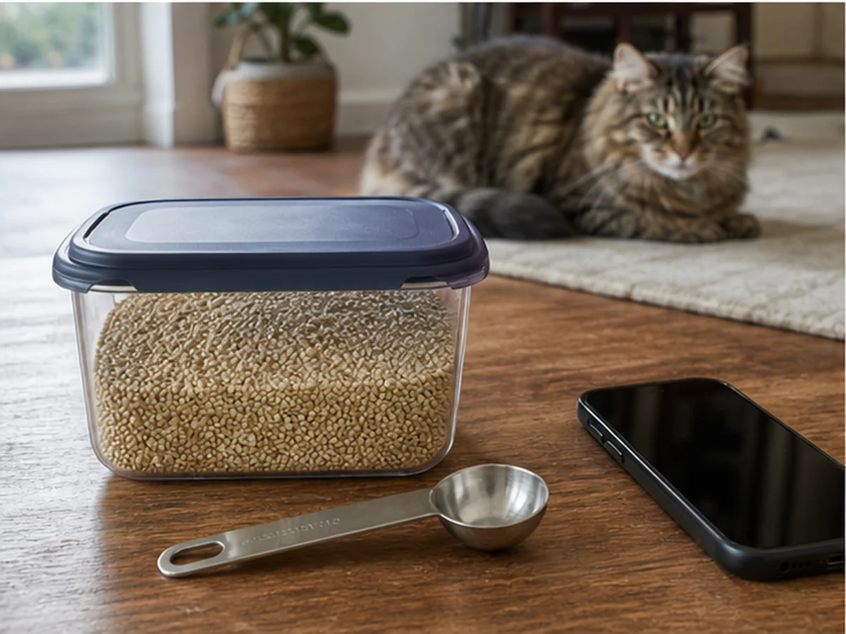 Sealed cooked quinoa, spoon, and phone with a cat resting away