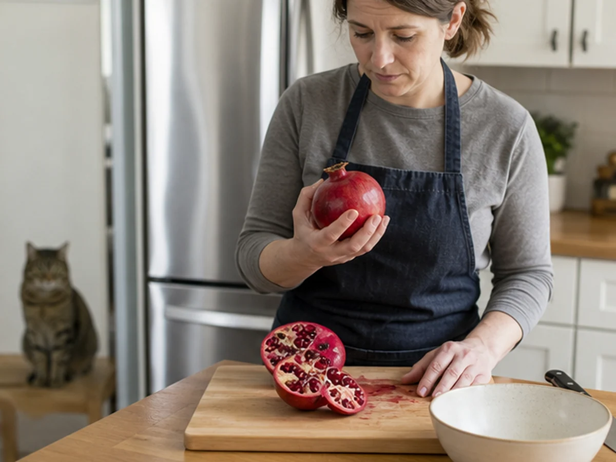 Cat kept behind a kitchen scene involving radishes