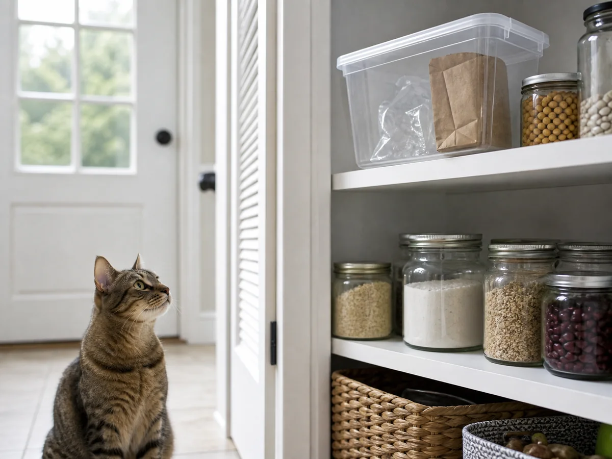 Cat safely separated from raisins in a household scene about packaging can outlast the fruit question