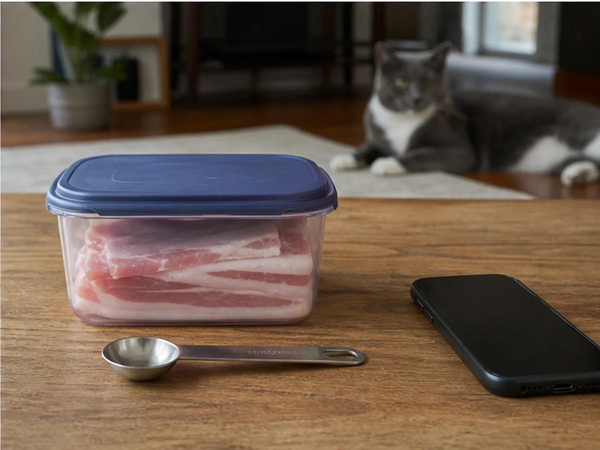 Sealed raw bacon, spoon, and phone with a cat resting away