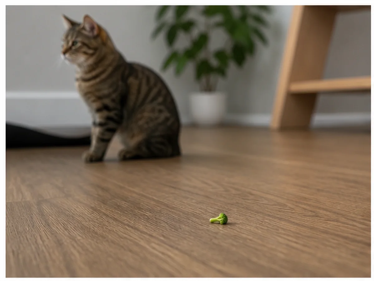 Cat safely separated from raw broccoli in a household scene about when a speck stays low concern