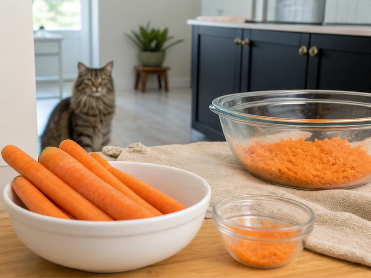 Whole and grated carrots with a cat sitting well away