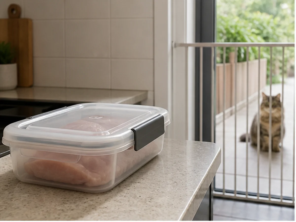 Cat safely separated from raw chicken in a household scene about preventing another counter raid