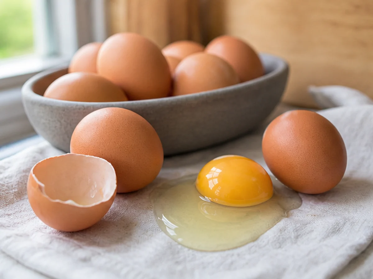 Raw Eggs arranged in a natural kitchen scene