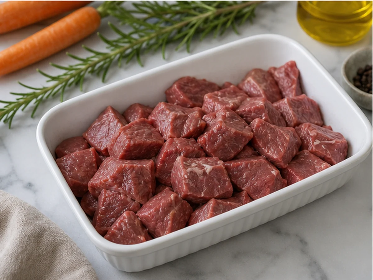 Raw red meat cubes in a white baking dish