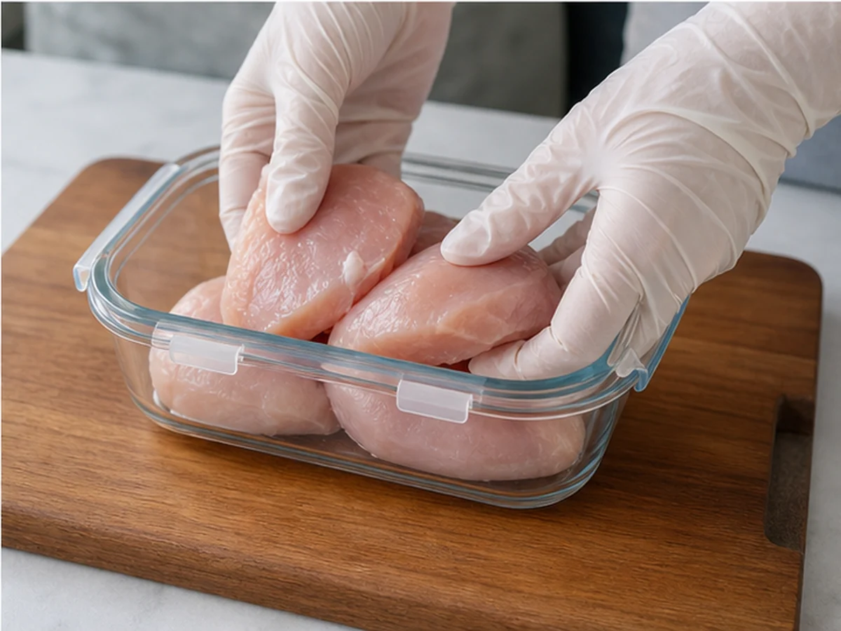 Gloved hands placing raw chicken in a glass container
