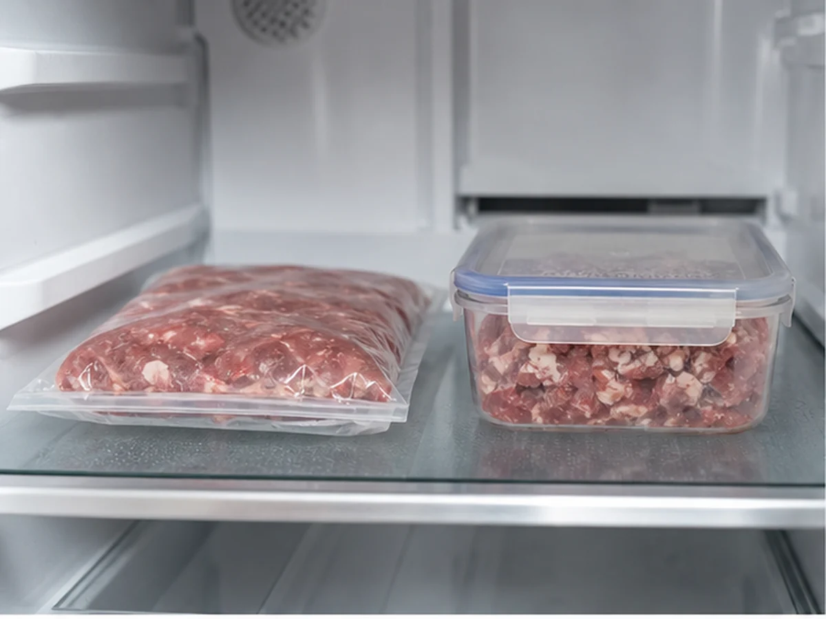 Two sealed containers of raw meat inside a refrigerator