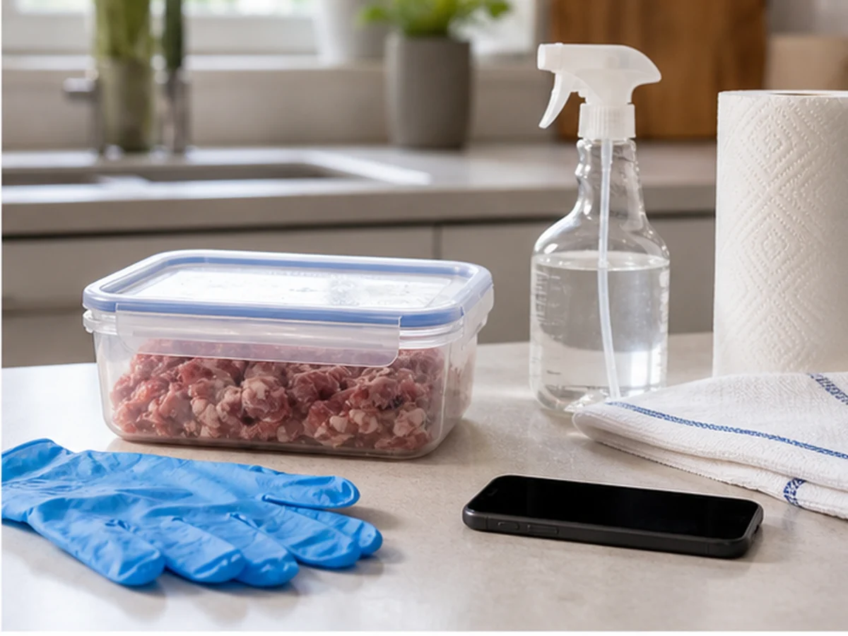 Sealed raw meat, gloves, spray bottle, and phone on a counter