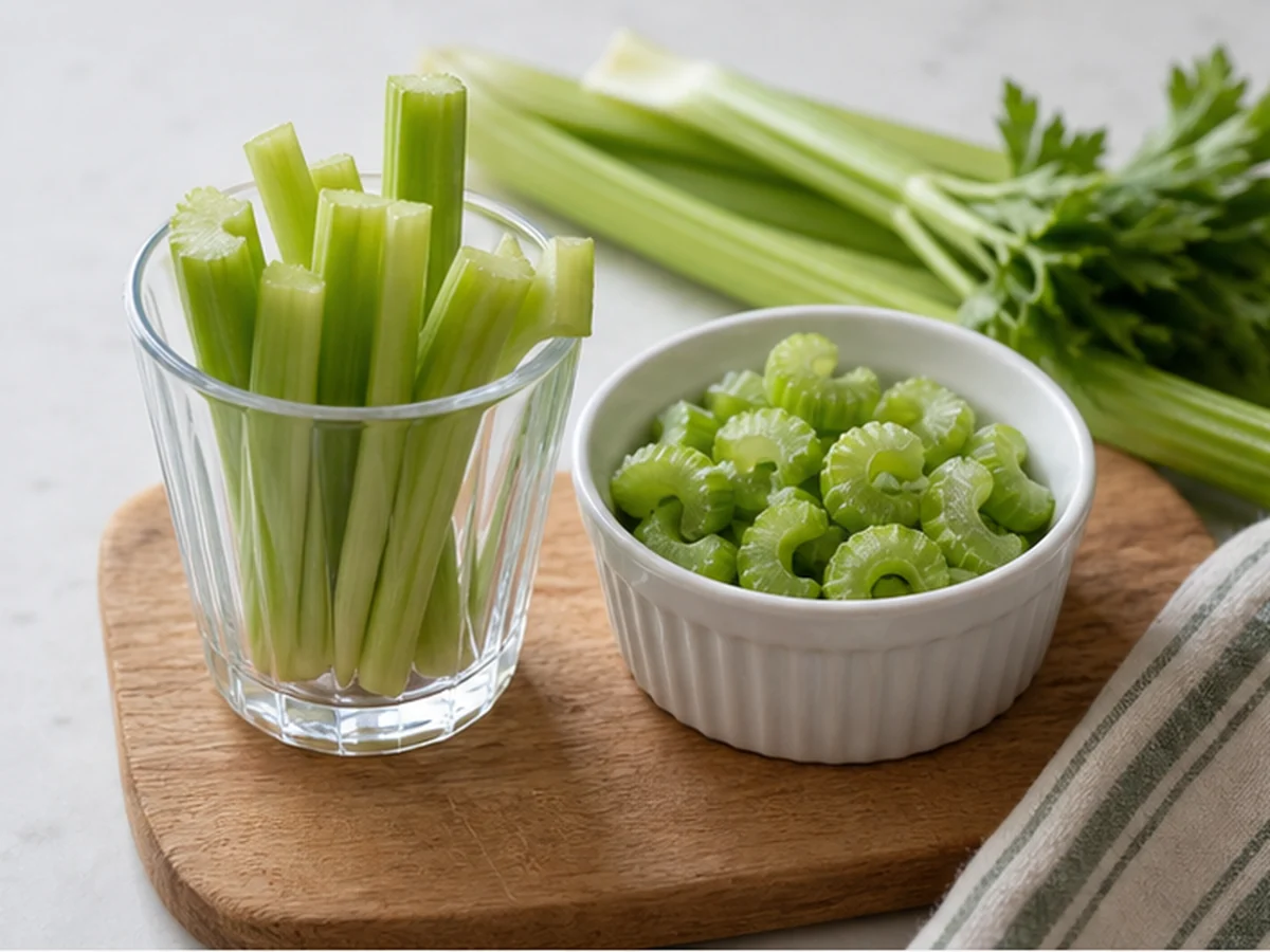 Celery sticks and sliced celery on a cutting board