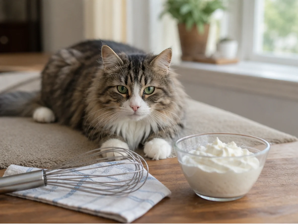 Cat behind a bowl of whipped cream and a whisk