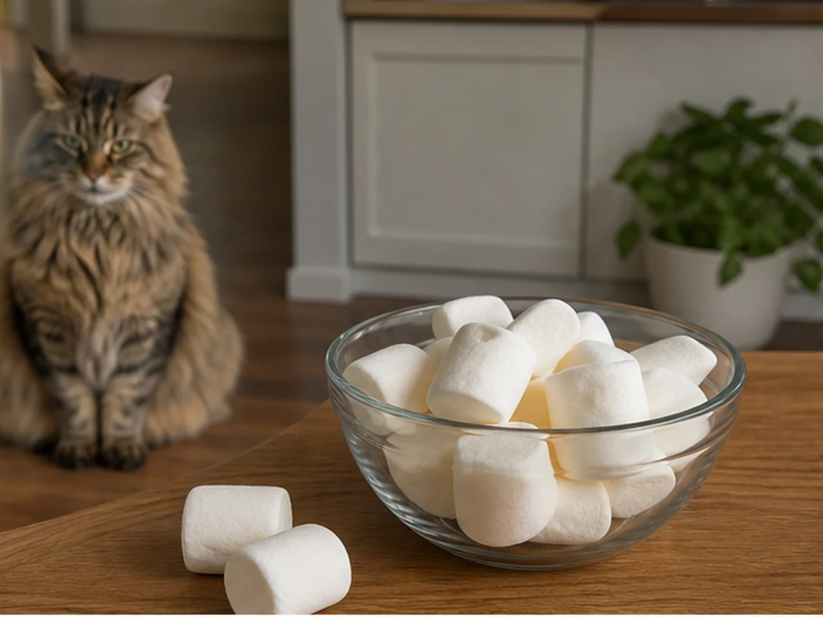 Bowl of marshmallows with a cat in the background