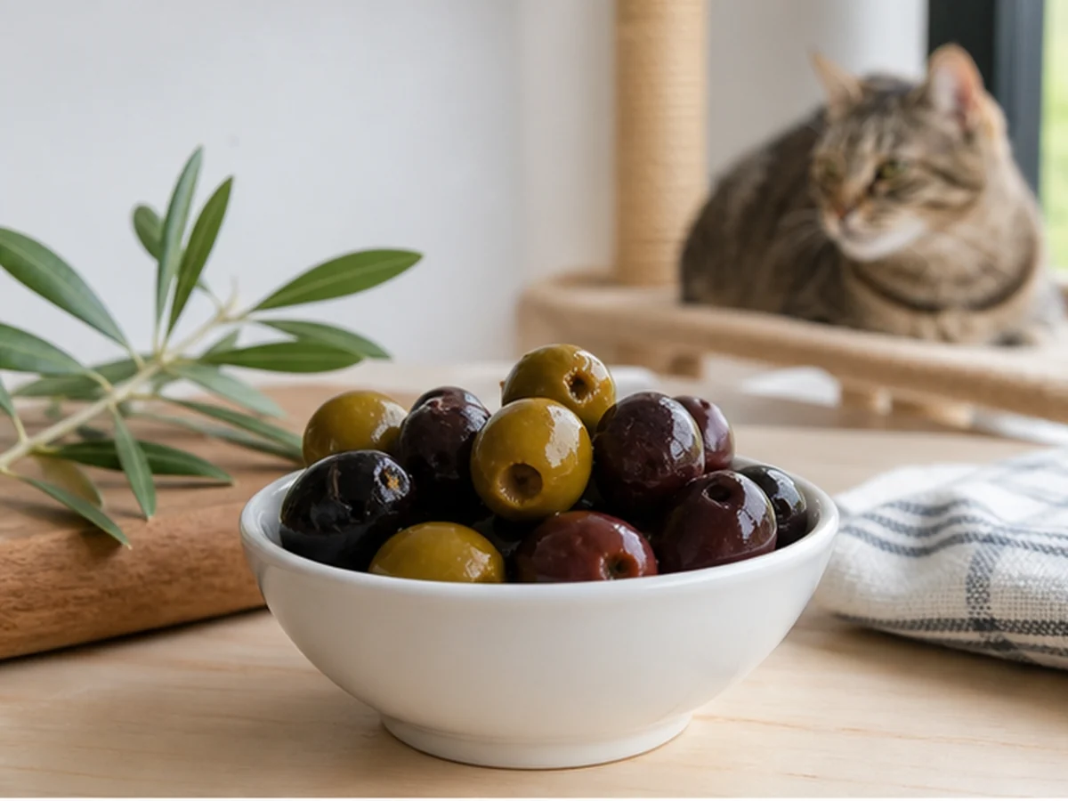 Bowl of mixed olives with a cat in the background