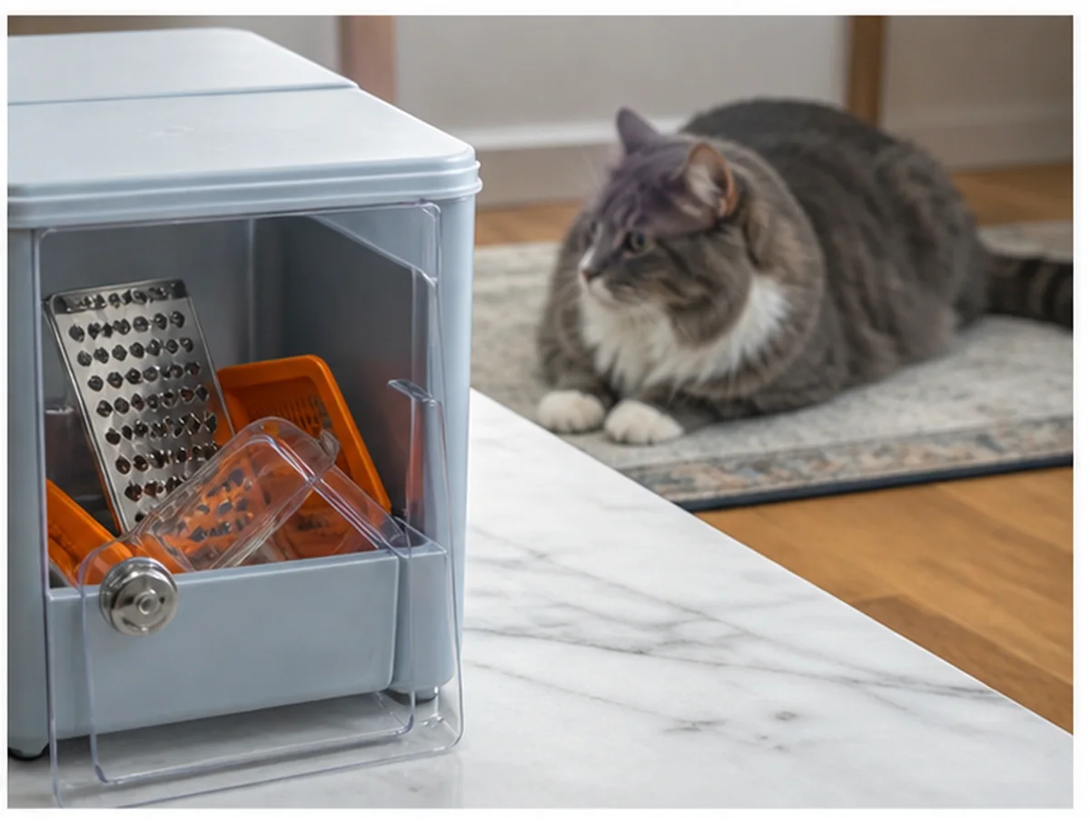 Cat safely separated from raw sweet potatoes in a household scene about graters, spiralizers, and dehydrators change the clea
