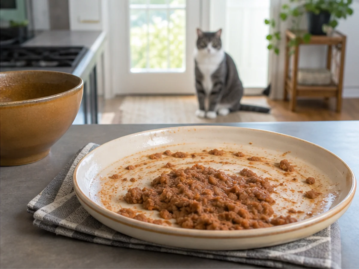 Plate with traces of refried beans and a cat sitting well away