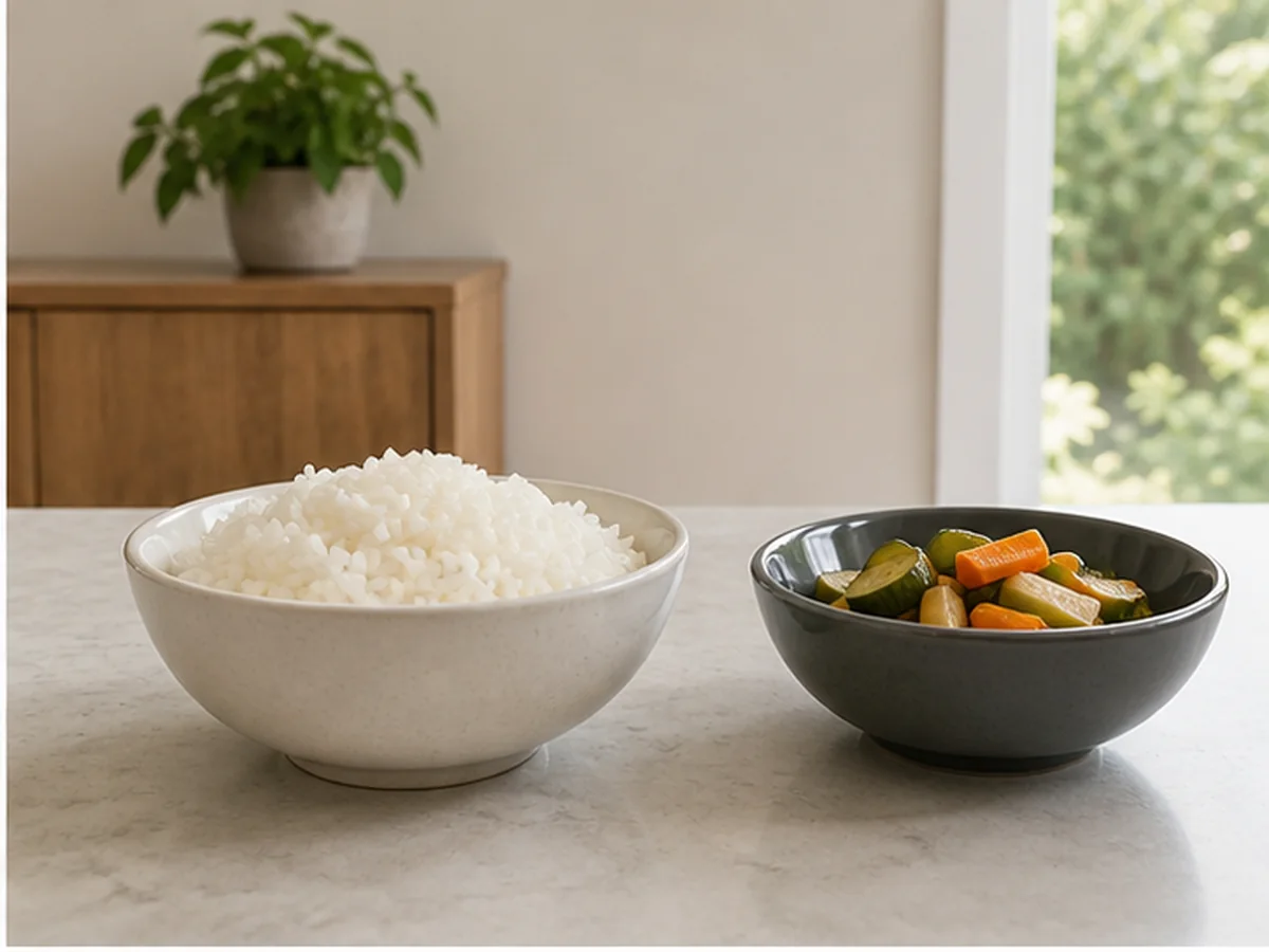 Cat safely separated from rice in a household scene about salted rice and pickled companions