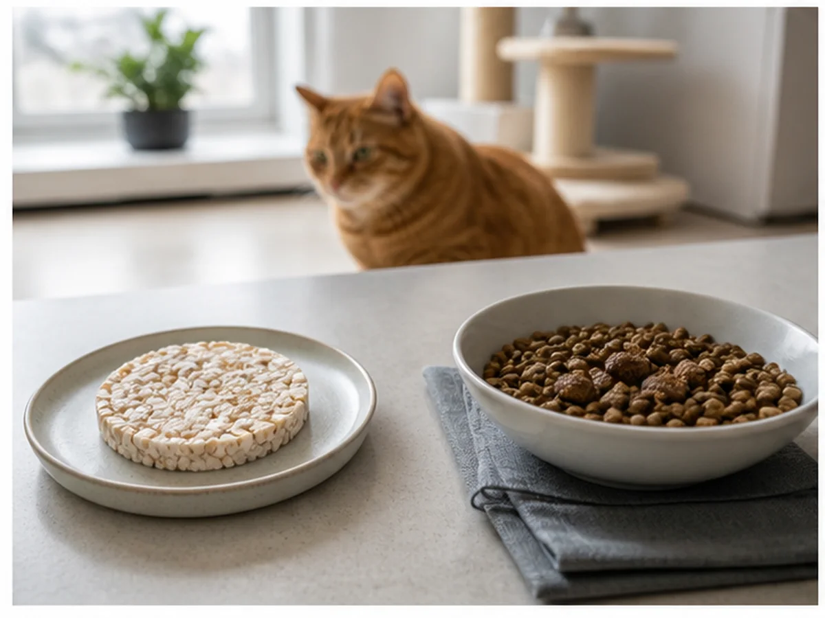 Cat safely separated from rice cakes in a household scene about rice in cat food does not validate the human cake