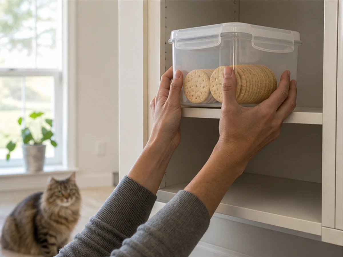 Hands storing round buttery crackers on a high shelf