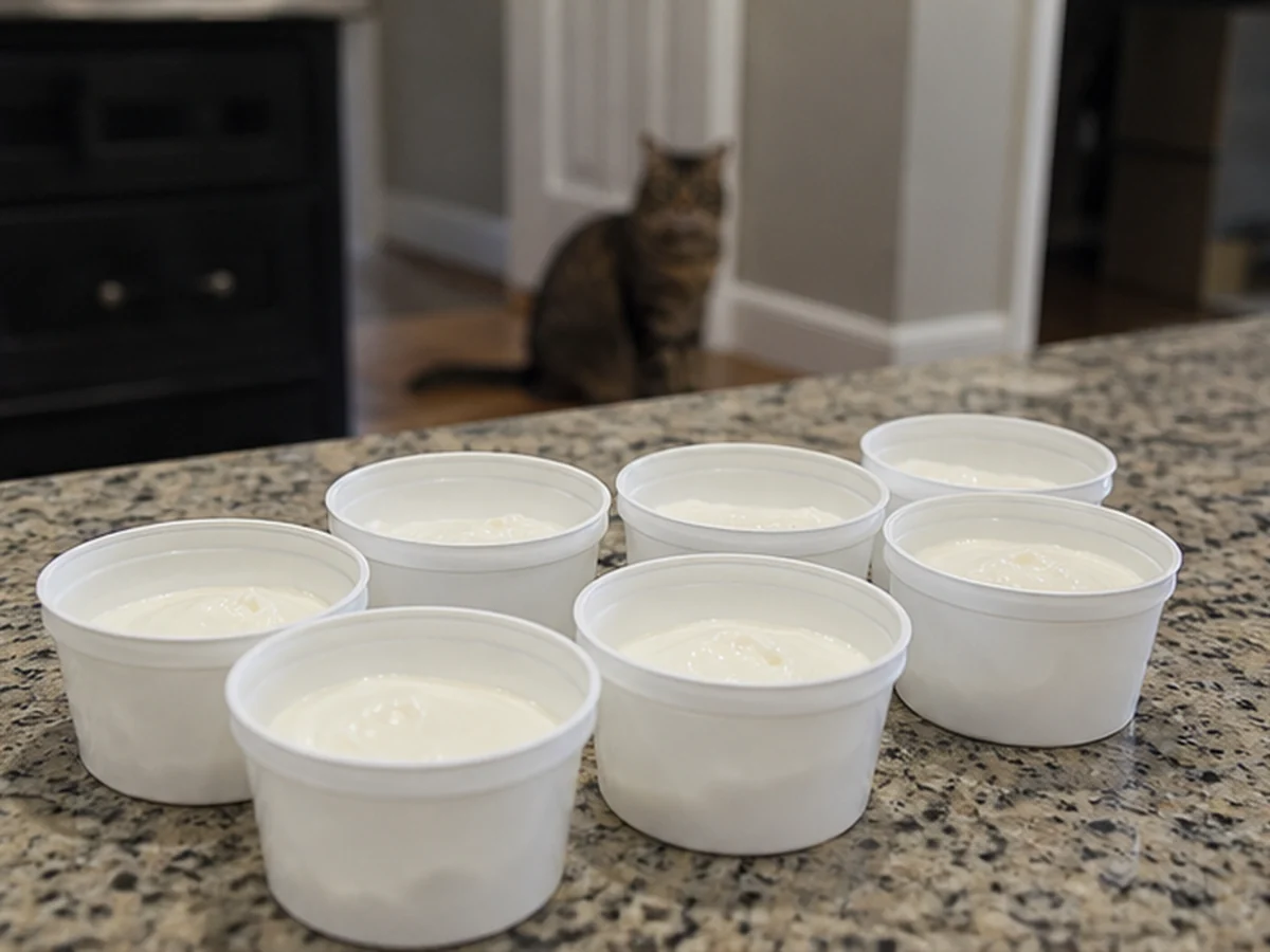 Cat kept behind a kitchen scene involving rosemary