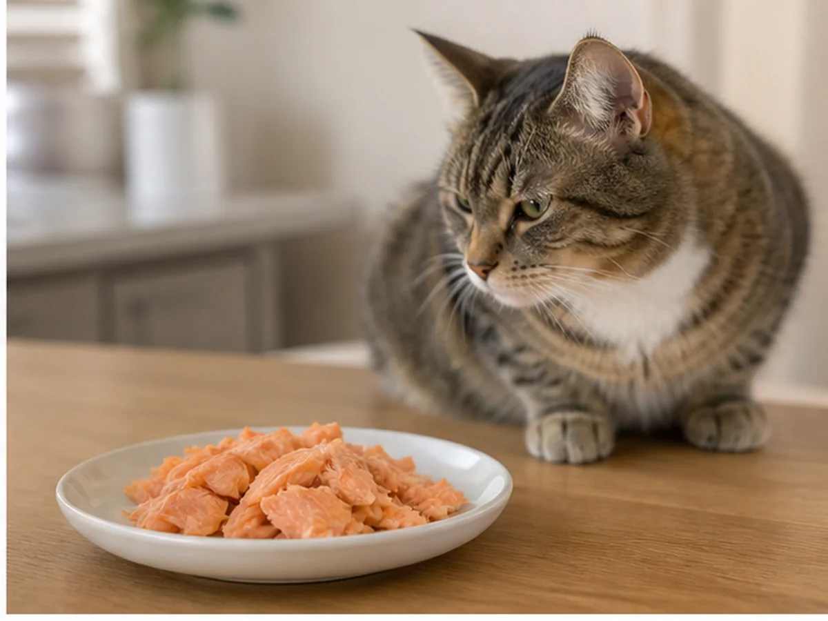 Cat safely separated from salmon in a household scene about salmon faqs, minus the folklore