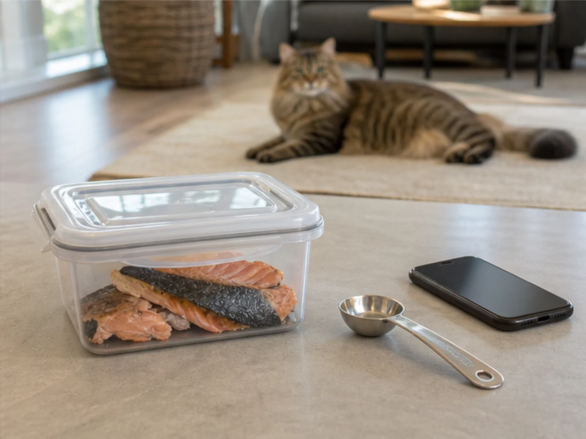 Sealed cooked salmon skin, spoon, and phone with a cat distant
