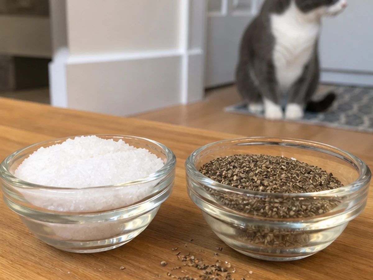 Cat kept behind a kitchen scene involving salt and pepper