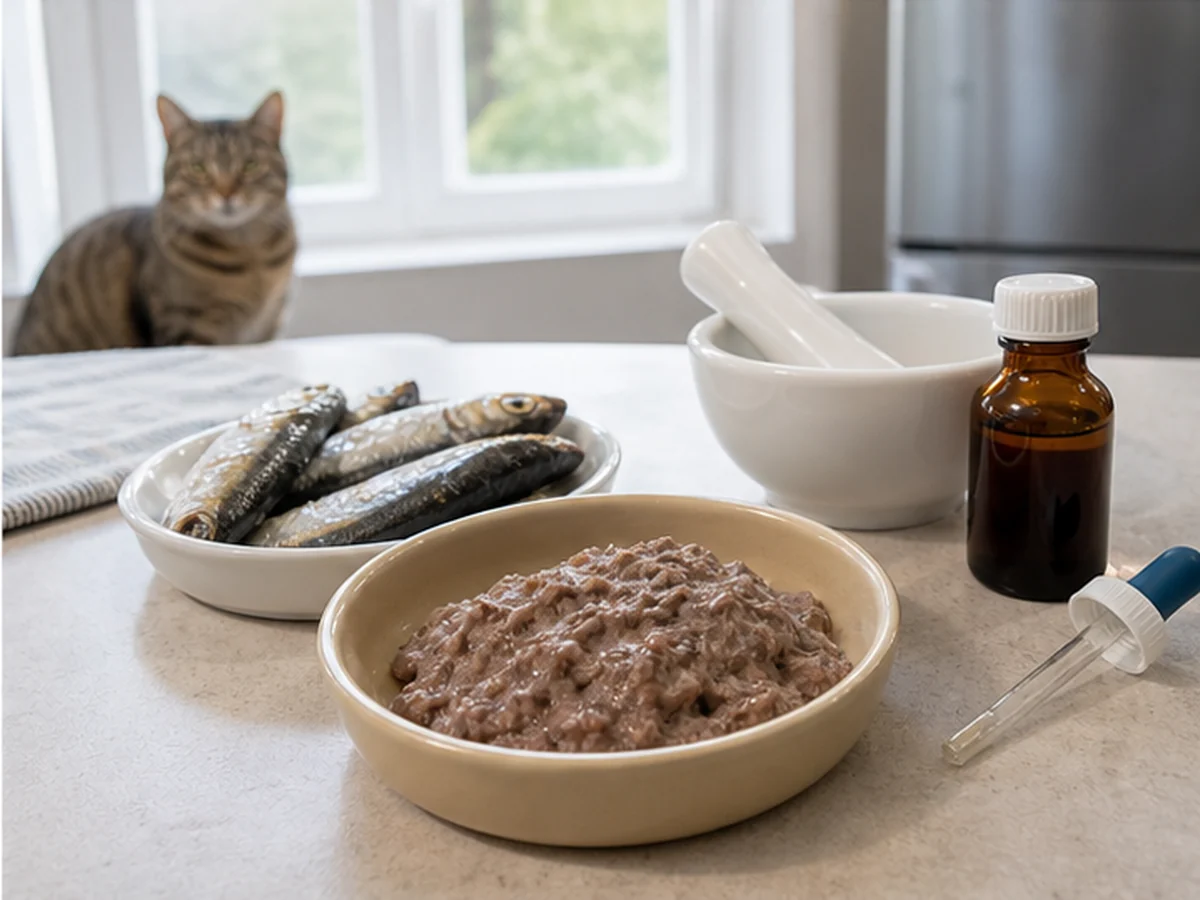 Sardines and fish paste beside a mortar and medicine bottle