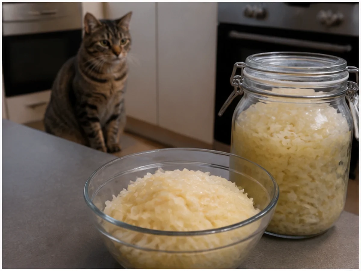 Cat safely separated from sauerkraut in a household scene about monitoring one known plain shred