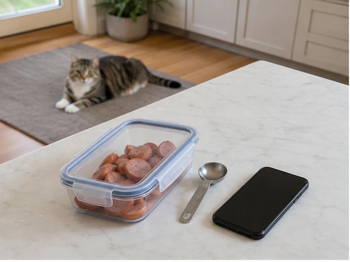 Sealed sausage pieces, spoon, and phone with a cat resting away