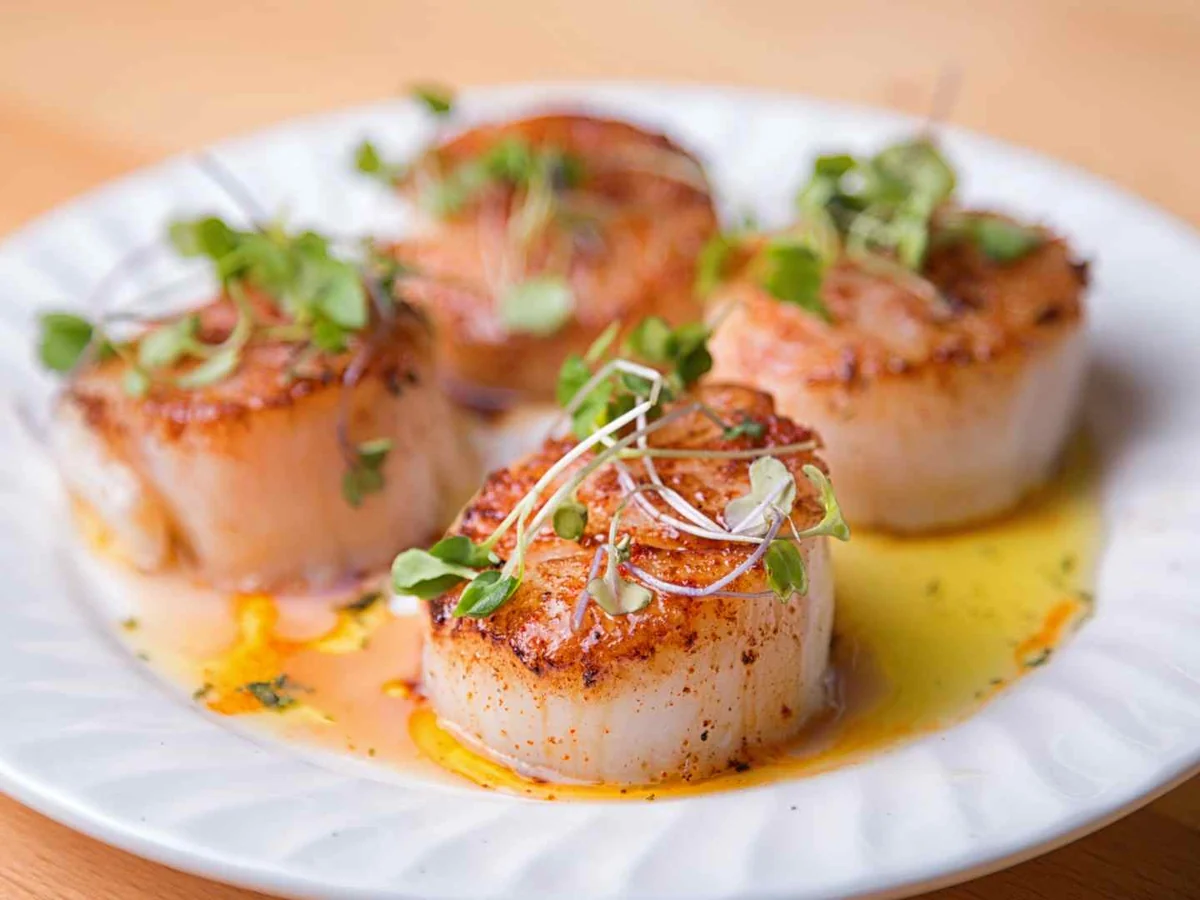 Cooked scallops on a white plate with sauce and garnish
