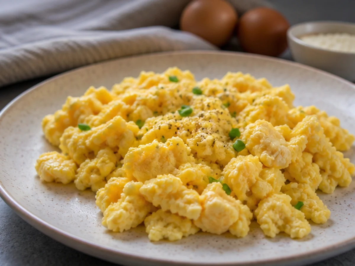 Scrambled Eggs arranged in a natural kitchen scene