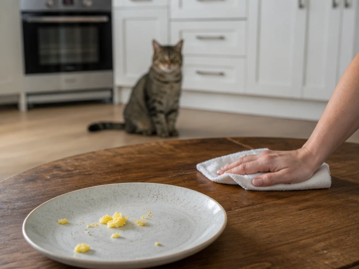 Cat kept behind a kitchen scene involving scrambled eggs