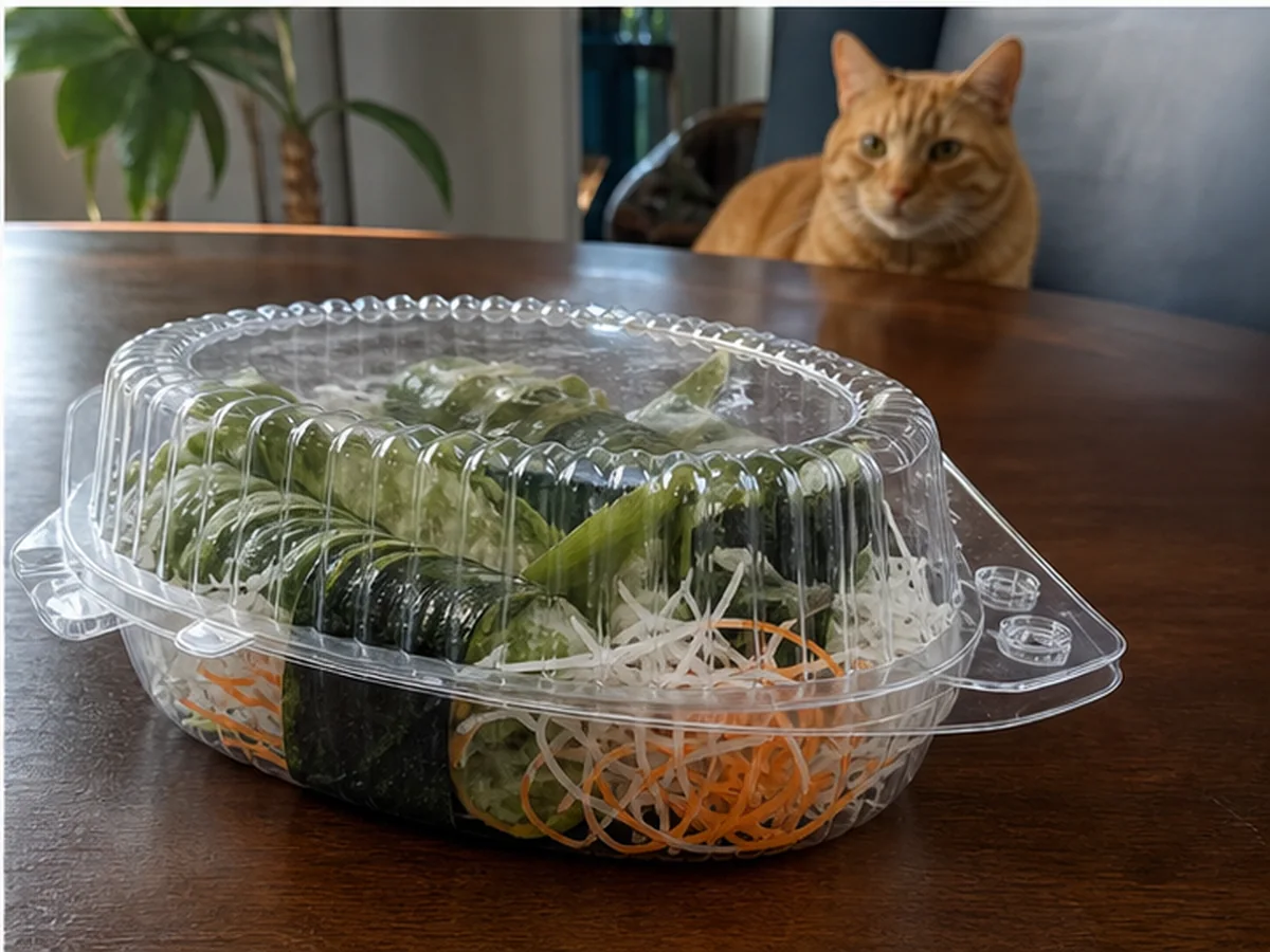 Cat safely separated from seaweed in a household scene about strings, ribbons, and sushi décor