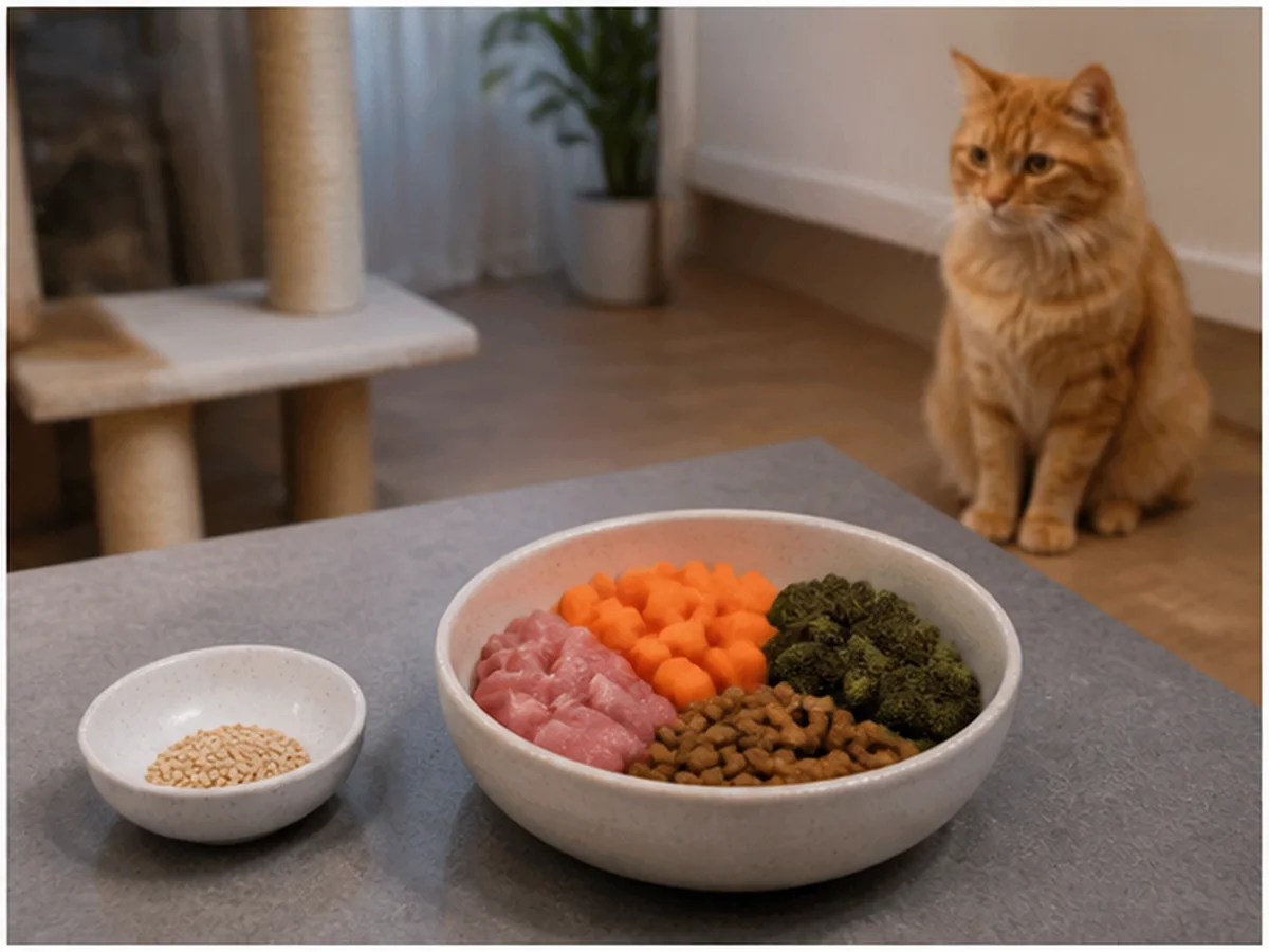 Cat safely separated from sesame seeds in a household scene about portion and complete-diet boundaries