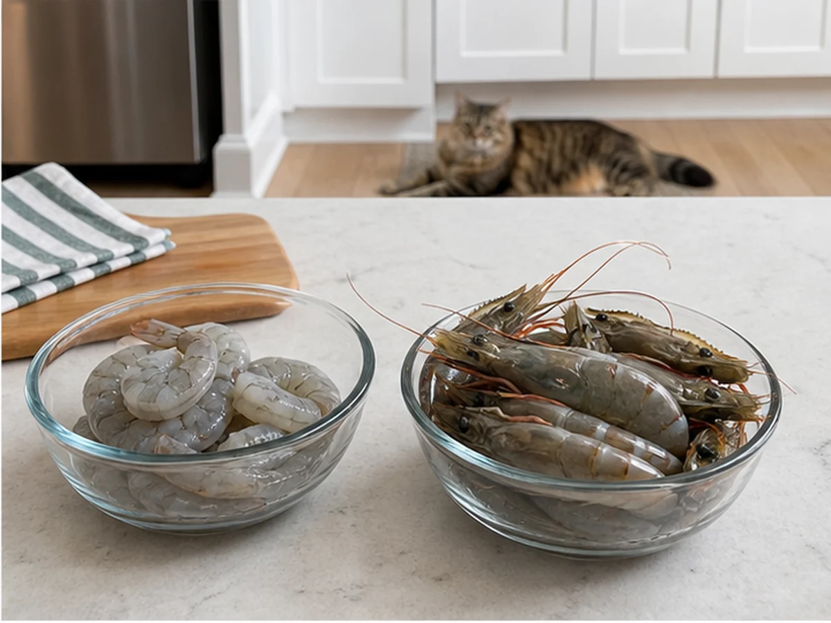 Bowls of peeled shrimp and whole prawns with a cat distant