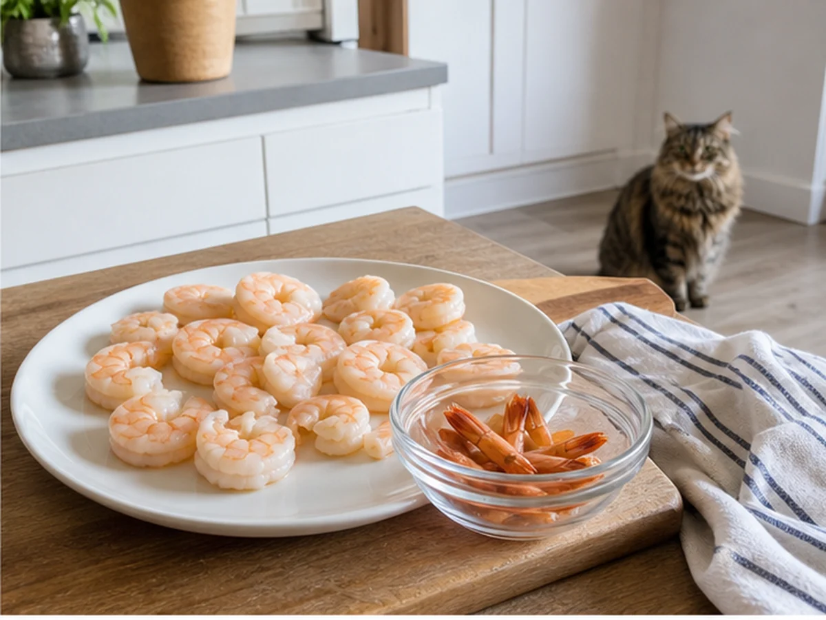 Peeled cooked shrimp beside a bowl of removed shrimp tails