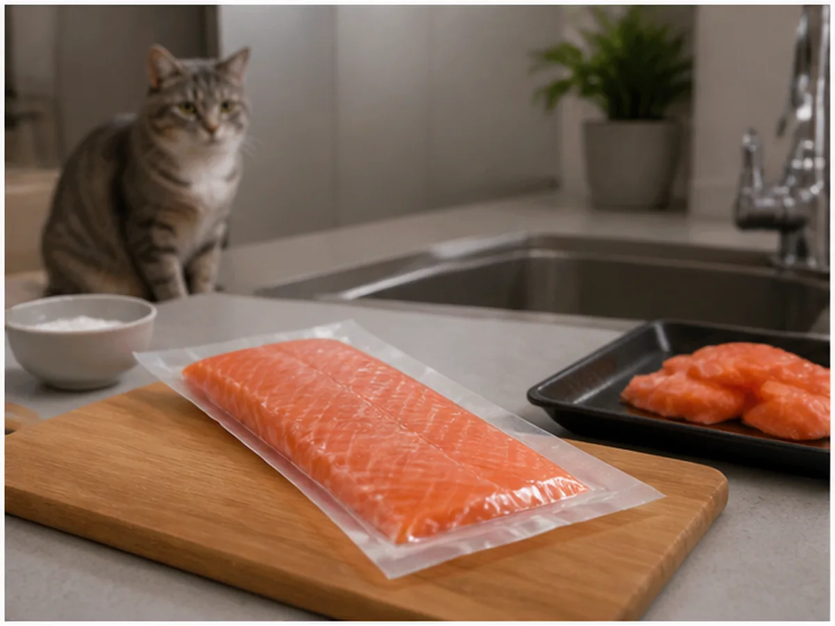 Cat safely separated from smoked salmon in a household scene about kitchen hygiene protects the people around the cat