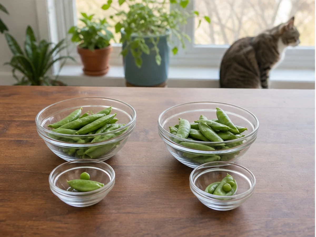 Separate bowls of snap peas with a cat sitting well away