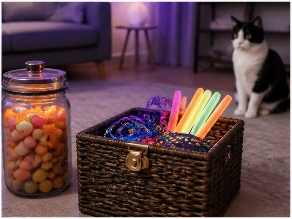 Cat safely separated from sour patch kids in a household scene about party favors can add string, toys, and glow products