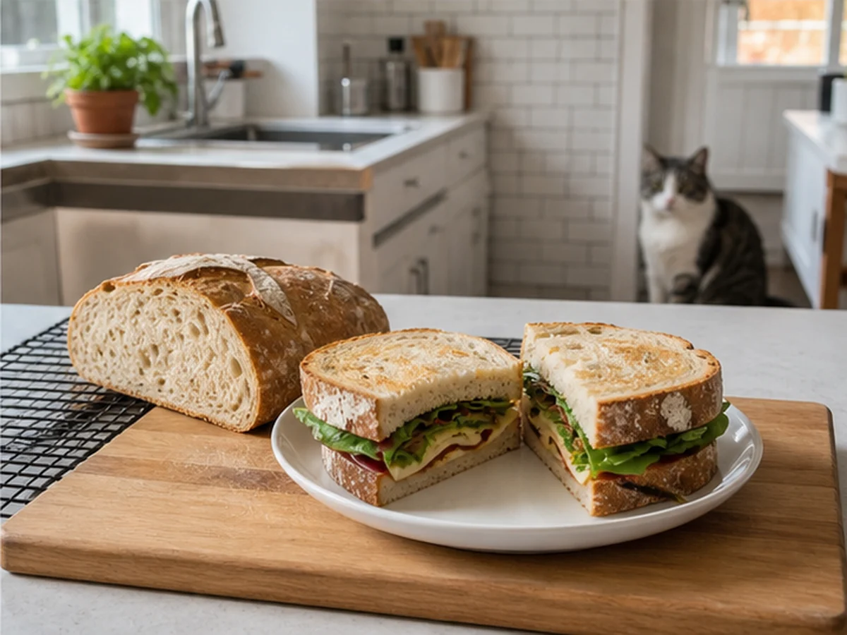 Sourdough sandwiches on a board with a cat sitting well away