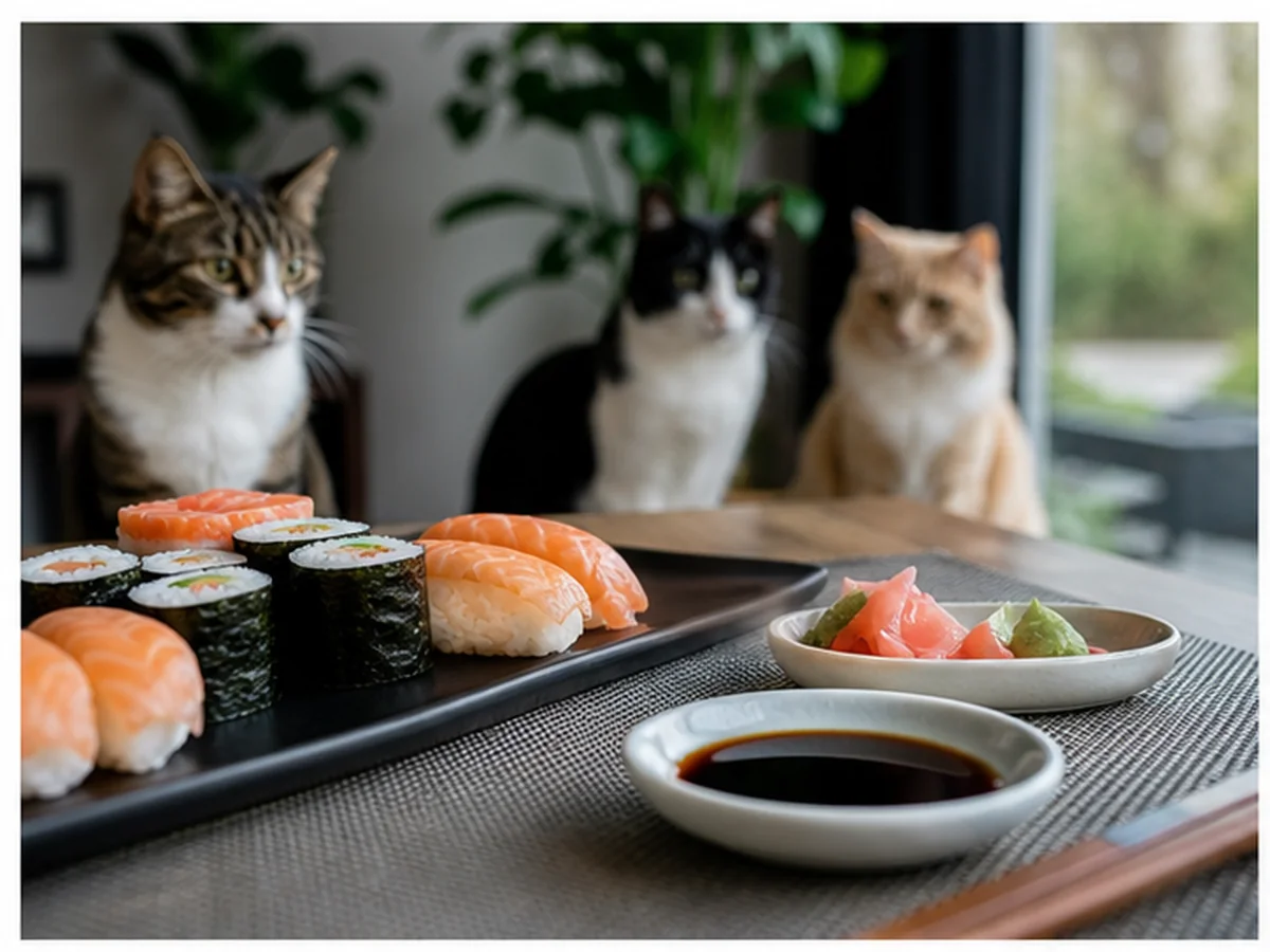Cat safely separated from soy sauce in a household scene about several cats at the sushi table