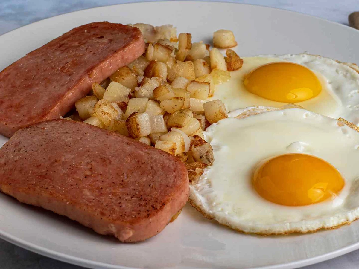 Fried luncheon meat served with eggs and diced potatoes.
